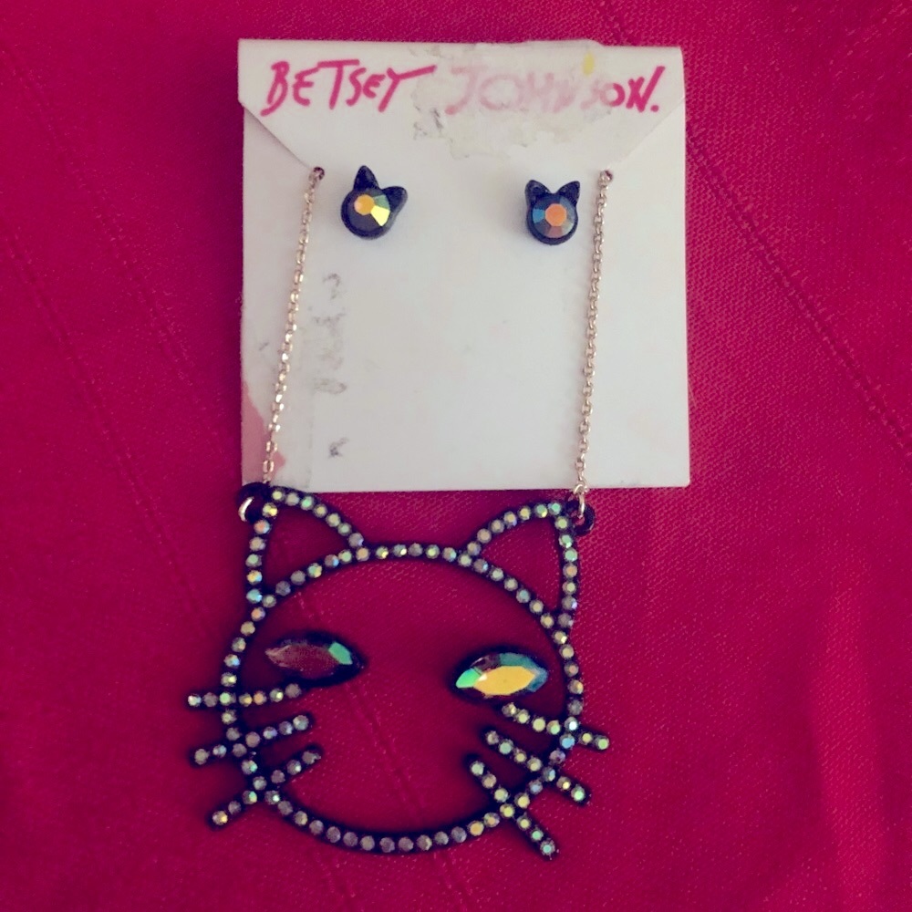 NWT Vintage Betsey Johnson Kitty Cat Necklace & Earrings Set